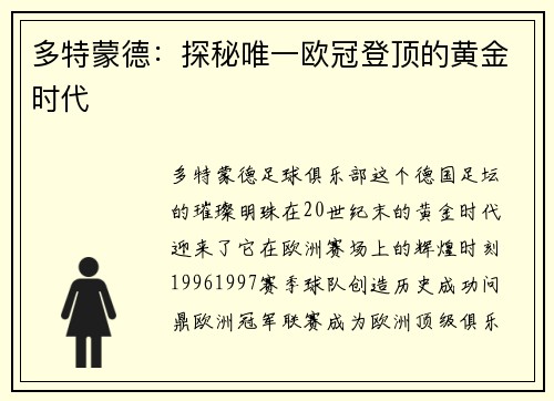 多特蒙德：探秘唯一欧冠登顶的黄金时代