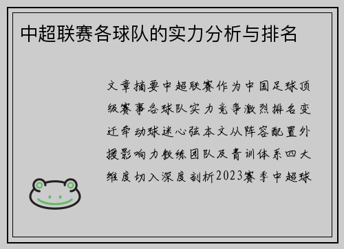 中超联赛各球队的实力分析与排名
